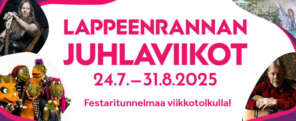 Kuvakollaasi eri esiintyjistä, keskellä teksti "Lappeenrannan juhlaviikot 24.8.-31.8.2025 Festaritunnelmaa viikkotolkulla!".